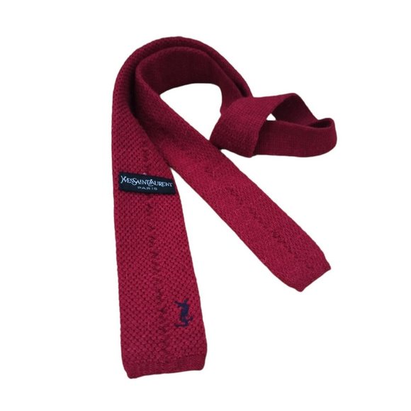 YVES SAINT LAURENT Solid Red Logo Knit Wool Slim Tie ITALY 53"/ 2" EC - Picture 3 of 4